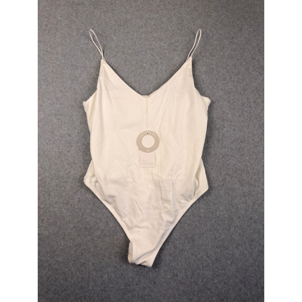 Skin Organic Pima Cotton Bodysuit White V-Neck Spaghetti Strap DCL408B Size M